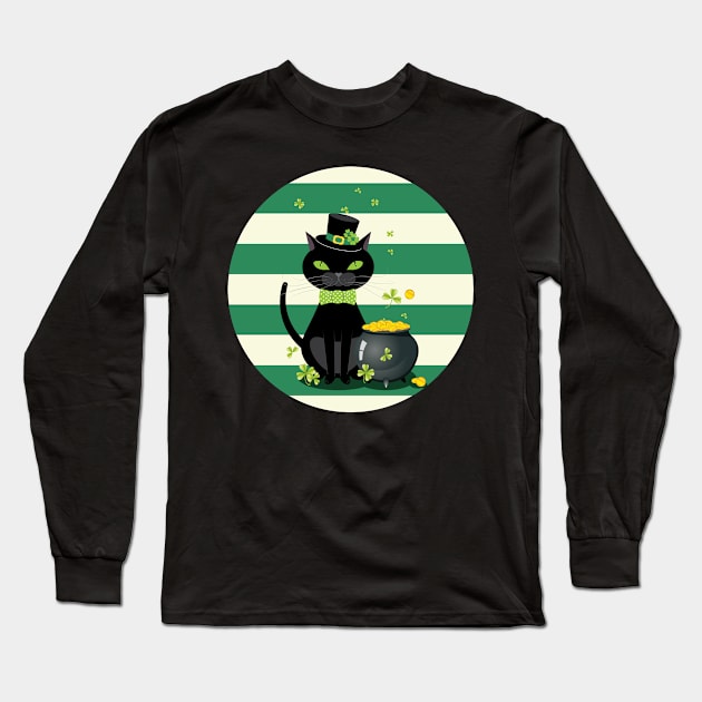 Black cat with shamrock Long Sleeve T-Shirt by AnnArtshock